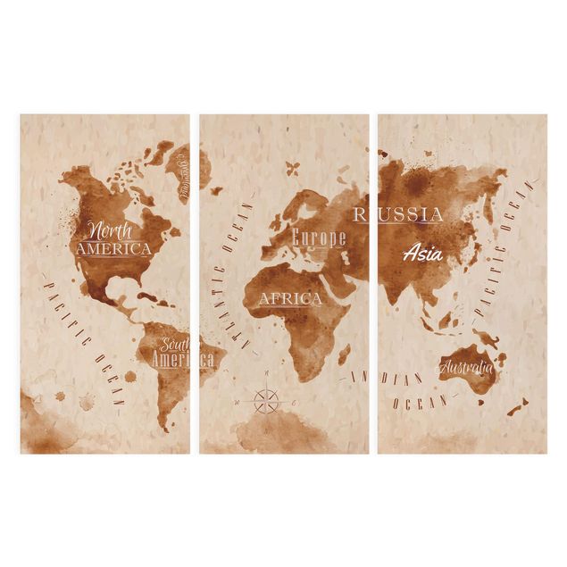 Leinwandbild 3-teilig - Weltkarte Aquarell beige braun - Hoch 1:2
