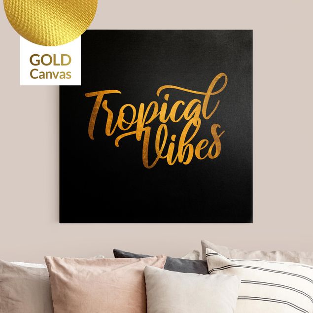 Leinwandbild Gold - Gold - Tropical Vibes auf Schwarz - Quadrat 1:1