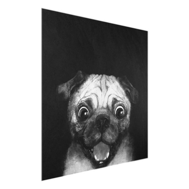 Glasbilder Tiere Illustration Hund Mops Malerei auf Schwarz Weiß
