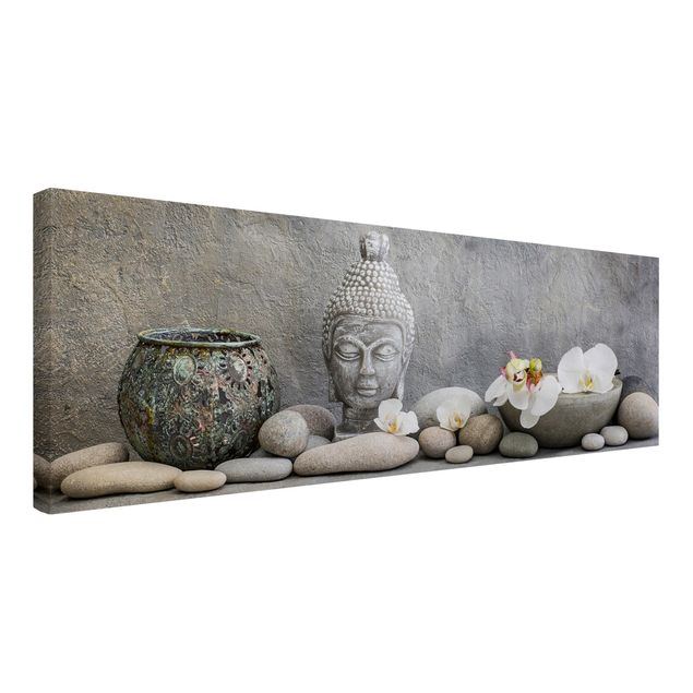 Leinwandbild - Zen Buddha mit weißen Orchideen - Panorama 1:3