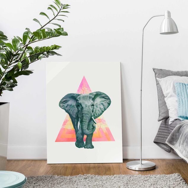 Glasbild - Illustration Elefant vor Dreieck Malerei - Hochformat 4:3