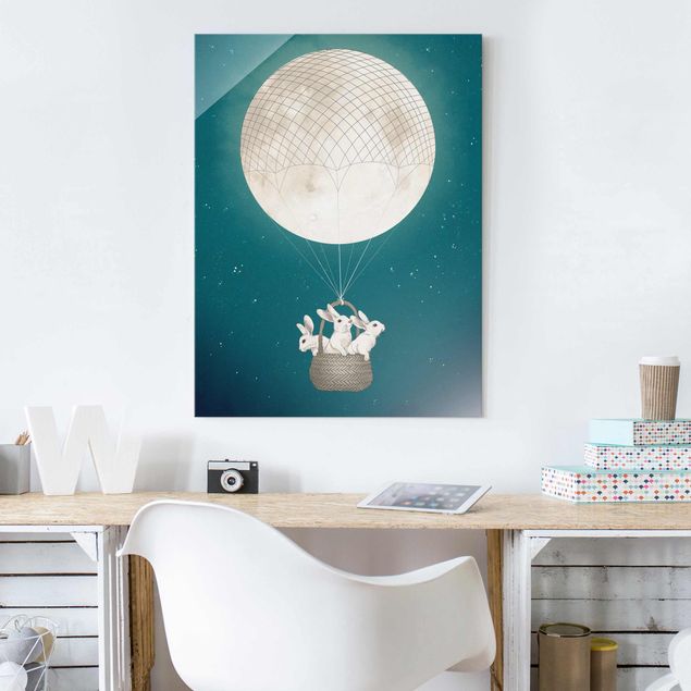 Glasbild - Illustration Hasen Mond-Heißluftballon Sternenhimmel - Hochformat 4:3