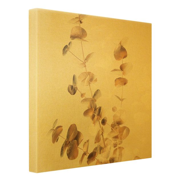 Leinwandbild Gold - Goldene Eukalyptuszweige mit Weiß - Quadrat 1:1