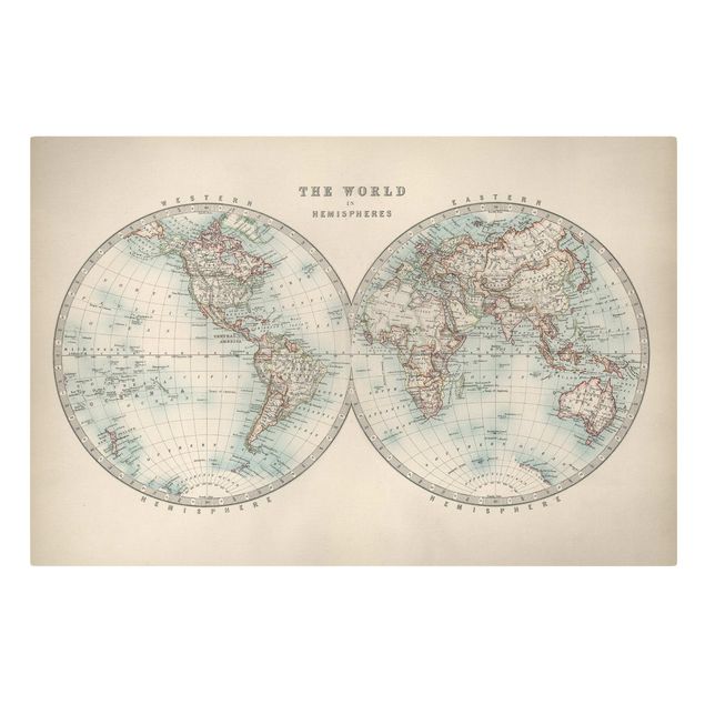 Leinwandbild - Vintage Weltkarte Die zwei Hemispheren - Querformat 2:3