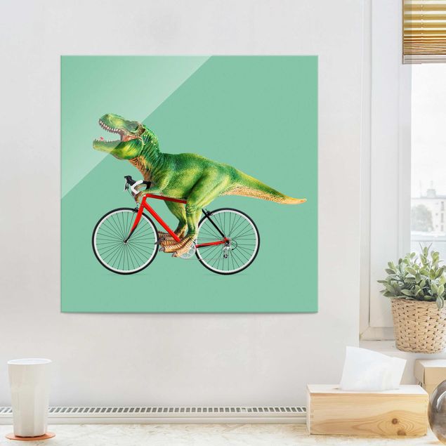 Glasbild - Jonas Loose - Dinosaurier mit Fahrrad - Quadrat 1:1