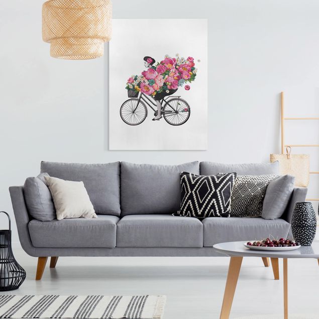 Blumenbilder auf Leinwand Illustration Frau auf Fahrrad Collage bunte Blumen