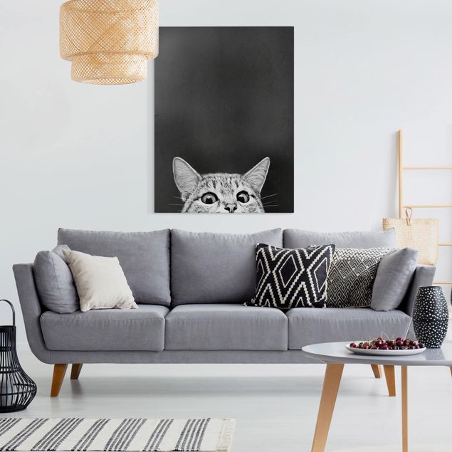 Leinwandbild - Illustration Katze Schwarz Weiß Zeichnung - Hochformat 4:3