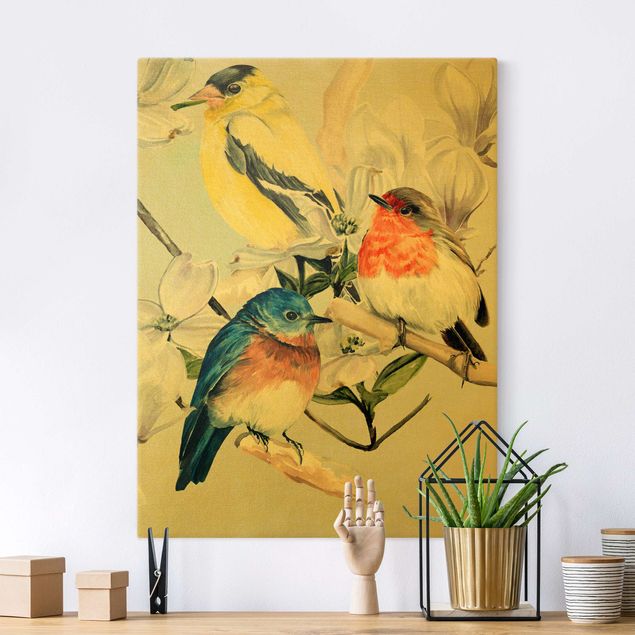 Leinwandbild Gold - Bunte Vögel auf einem Magnolienast II - Hochformat 3:4