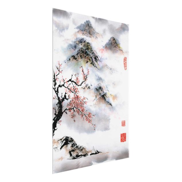 Bilder Japanische Aquarell Zeichnung Kirschbaum und Berge