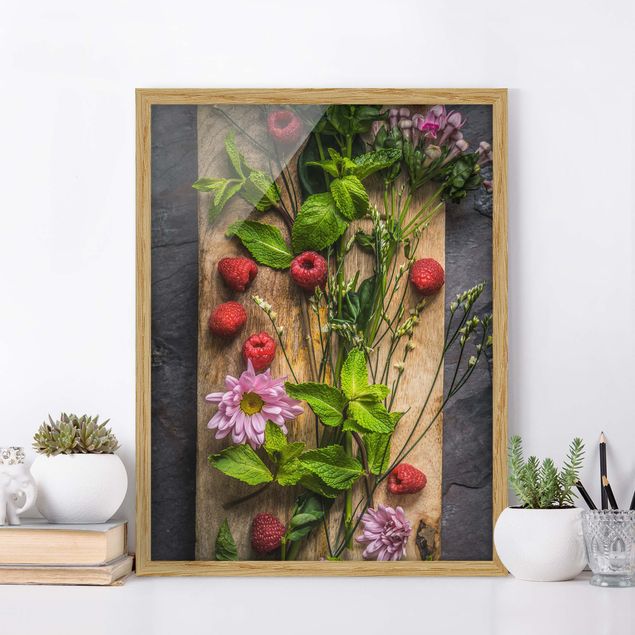 Moderne Bilder mit Rahmen Blumen Himbeeren Minze