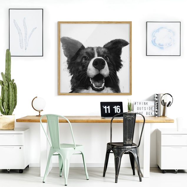 Moderne Bilder mit Rahmen Illustration Hund Border Collie Schwarz Weiß Malerei