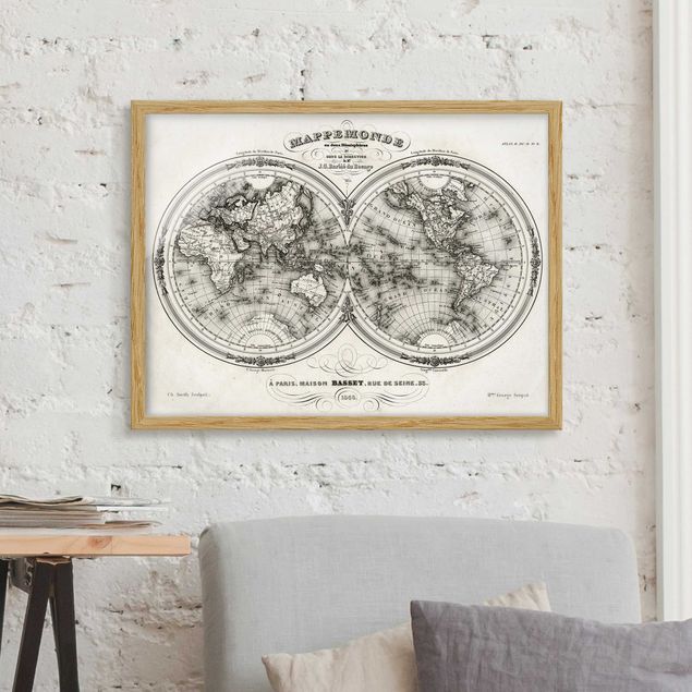 Vintage Bilder mit Rahmen Weltkarte - Französische Karte der Hemissphären von 1848