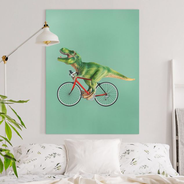 moderne Leinwandbilder Dinosaurier mit Fahrrad