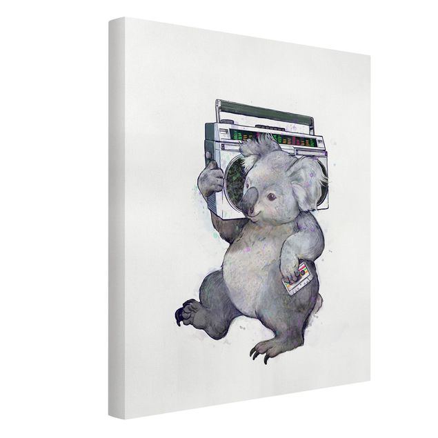 Leinwandbild - Illustration Koala mit Radio Malerei - Hochformat 4:3