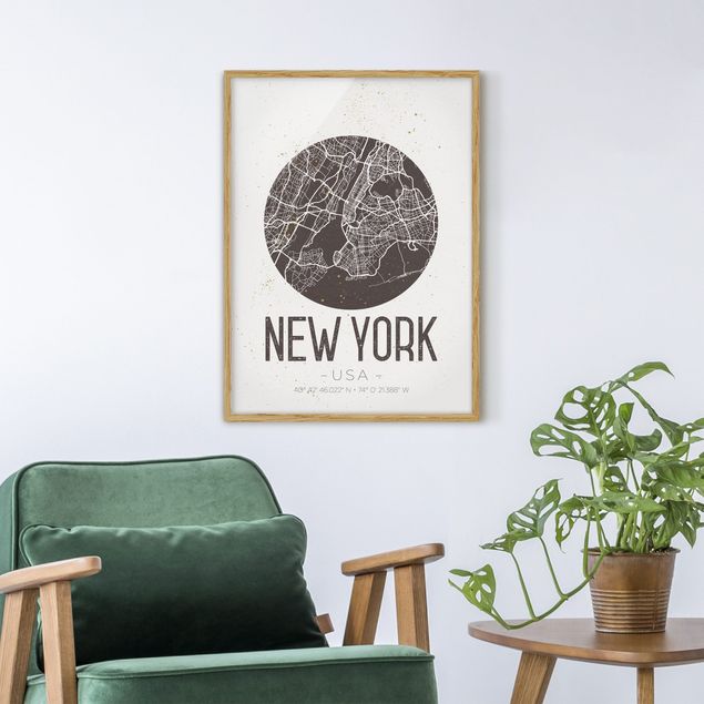 Sprüche Bilder mit Rahmen Stadtplan New York - Retro