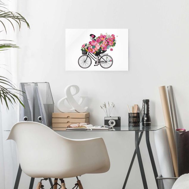Glasbild - Illustration Frau auf Fahrrad Collage bunte Blumen - Querformat 2:3