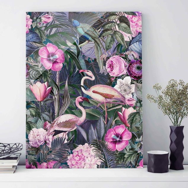 Glasbilder XXL Bunte Collage - Pinke Flamingos im Dschungel