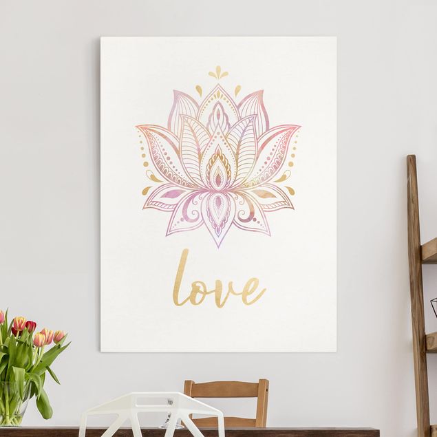 Leinwand mit Spruch Lotus Illustration Love gold rosa