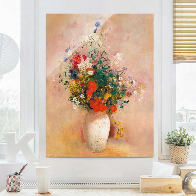 Glasbild - Odilon Redon - Vase mit Blumen (rosenfarbener Hintergrund) - Hochformat 4:3