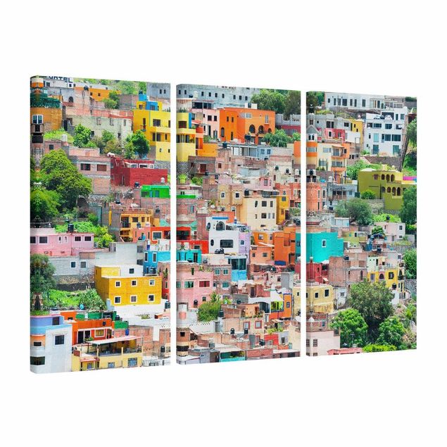 Leinwandbild 3-teilig - Farbige Häuserfront Guanajuato - Hoch 1:2