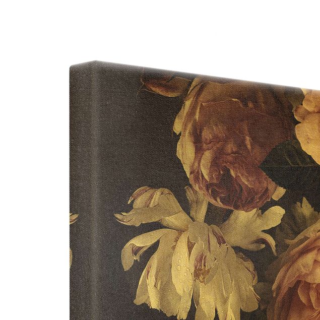 Leinwandbild Gold - Rosa Blumen auf Schwarz Vintage - Quadrat 1:1