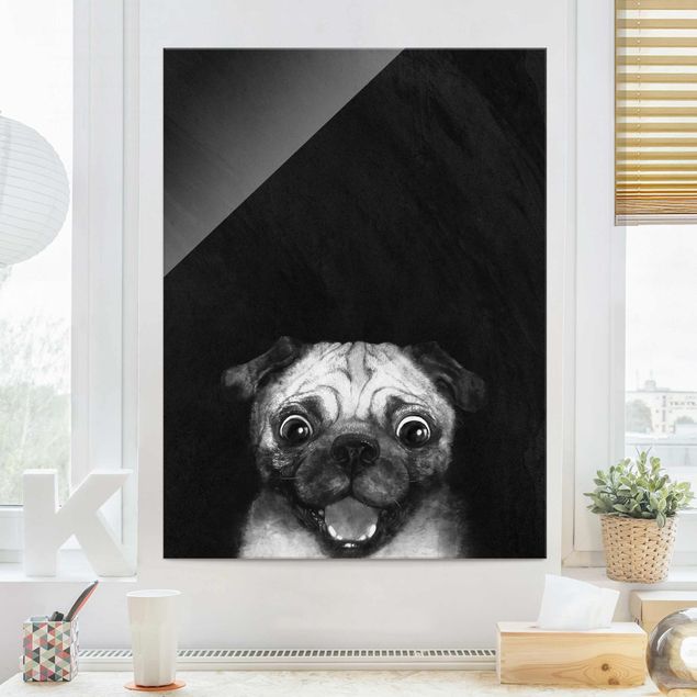 Glasbild - Illustration Hund Mops Malerei auf Schwarz Weiß - Hochformat 4:3