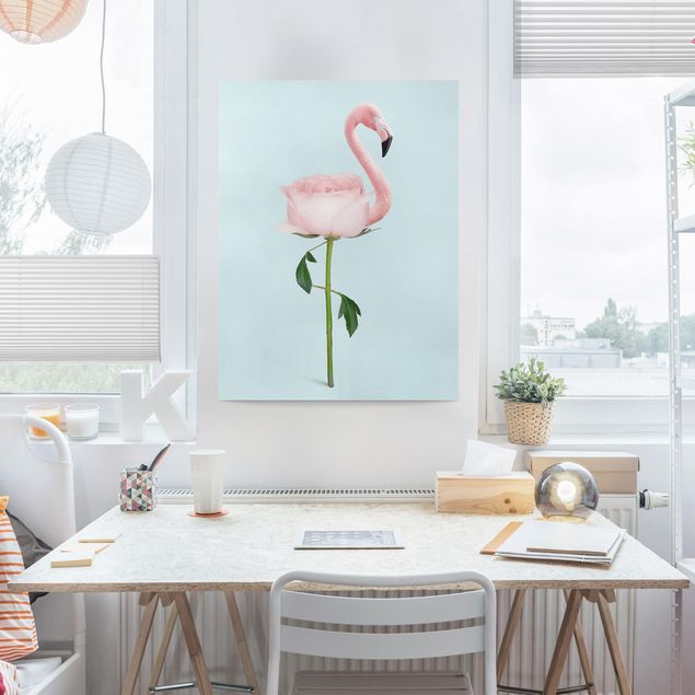 Leinwandbild Vögel Flamingo mit Rose