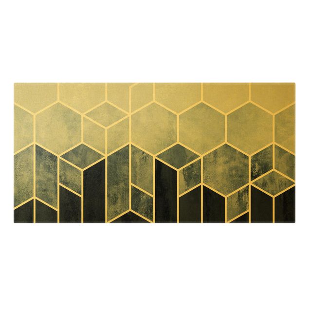 Leinwandbild Gold - Elisabeth Fredriksson - Goldene Geometrie - Sechsecke Blau Weiß - Querformat 1:2