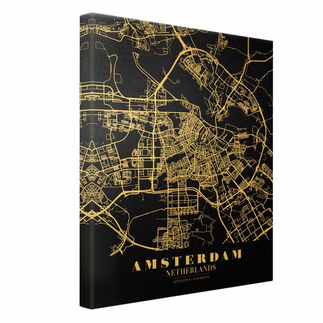 Leinwandbild Gold - Stadtplan Amsterdam - Klassik Schwarz - Hochformat 3:4