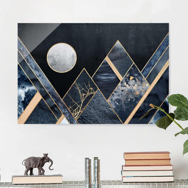 Glasbild - Goldener Mond abstrakte schwarze Berge - Querformat 2:3