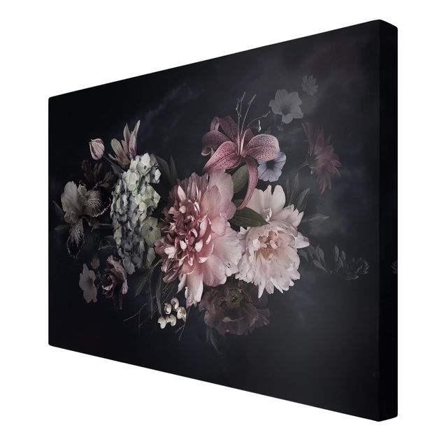 Leinwandbild - Blumen mit Nebel auf Schwarz - Querformat 2:3