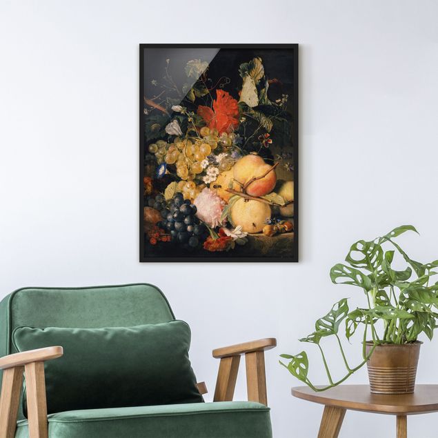 Bild mit Rahmen - Jan van Huysum - Früchte Blumen und Insekten - Hochformat 3:4