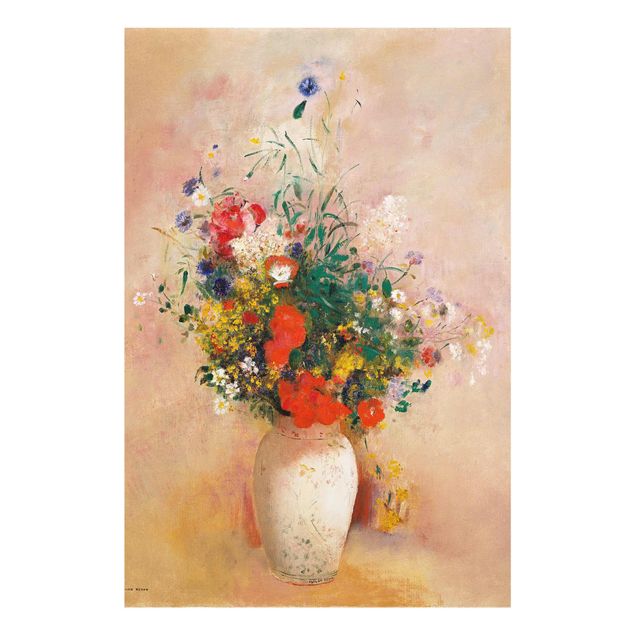 Glasbild - Odilon Redon - Vase mit Blumen (rosenfarbener Hintergrund) - Hochformat 3:2