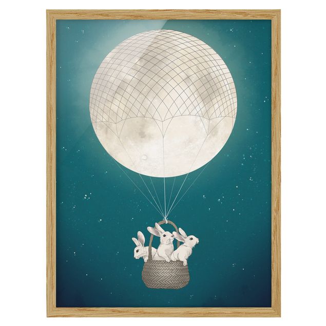 Wandbilder Illustration Hasen Mond-Heißluftballon Sternenhimmel