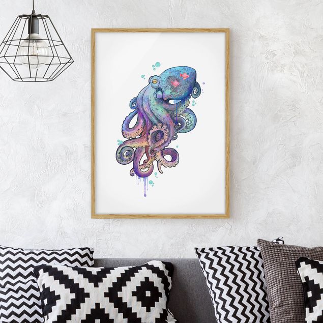 Moderne Bilder mit Rahmen Illustration Oktopus Violett Türkis Malerei