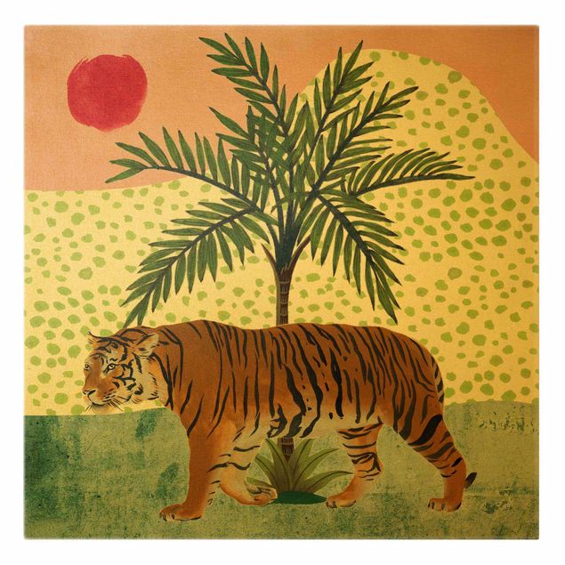 Leinwandbild Gold - Spazierender Tiger im Morgenrot - Quadrat 1:1