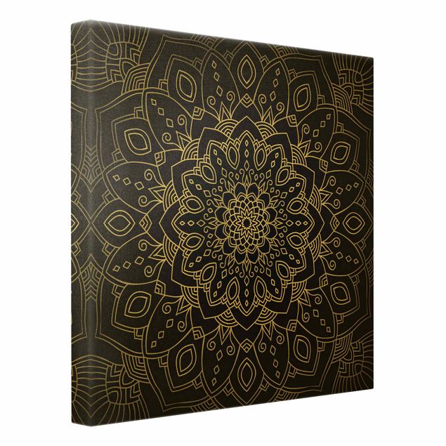 Leinwandbild Gold - Mandala Blüte Muster silber schwarz - Quadrat 1:1