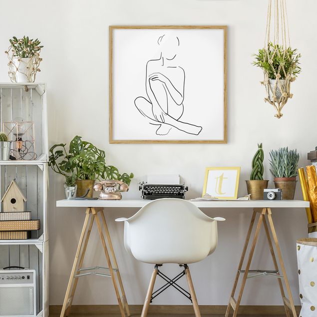 Moderne Bilder mit Rahmen Line Art Frau sitzt Schwarz Weiß