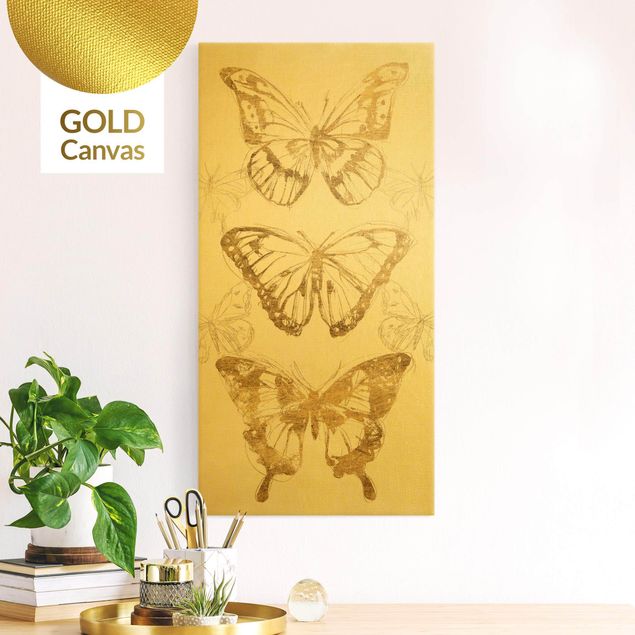 Leinwandbild Gold - Schmetterlingskomposition in Gold II - Hochformat 1:2