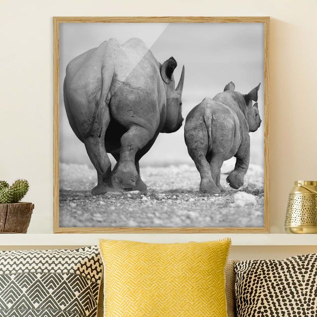 gerahmte Bilder schwarz-weiß Wandering Rhinos II