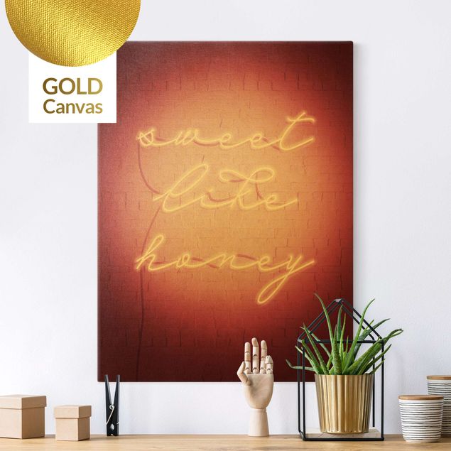 Leinwandbild Gold - Neon Schriftzug - sweet like honey - Hochformat 3:4