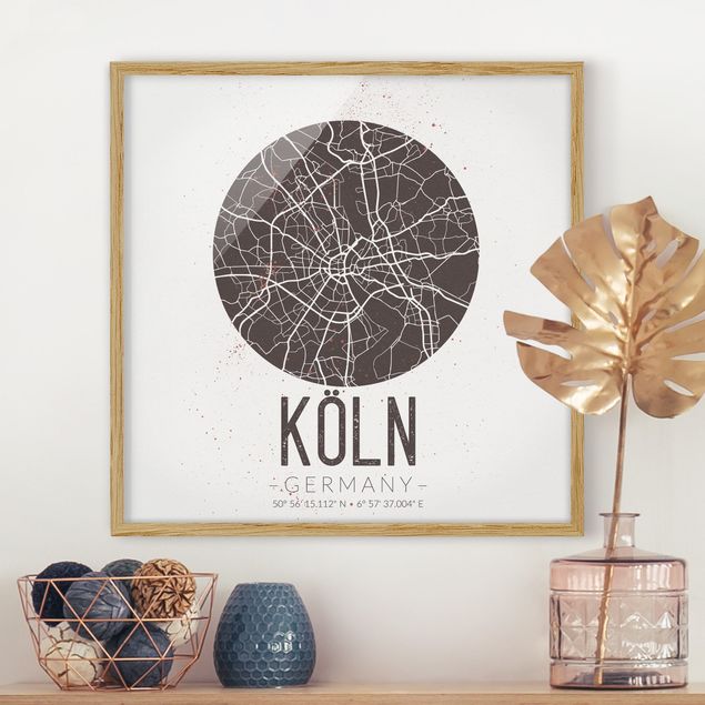 Moderne Bilder mit Rahmen Stadtplan Köln - Retro