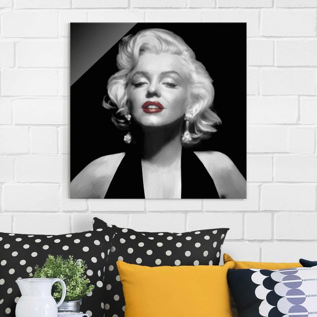 Glasbild schwarz-weiß Marilyn mit roten Lippen
