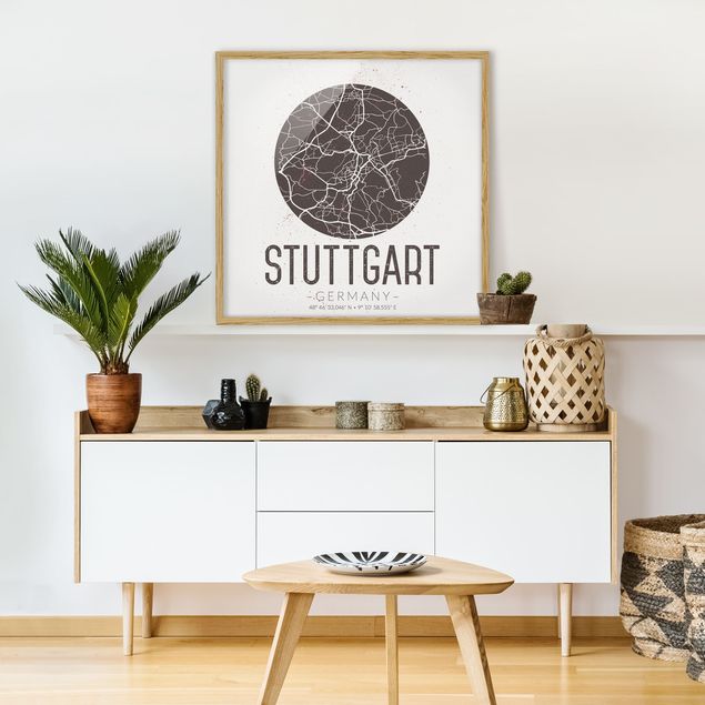 Weltkarten Bilder mit Rahmen Stadtplan Stuttgart - Retro