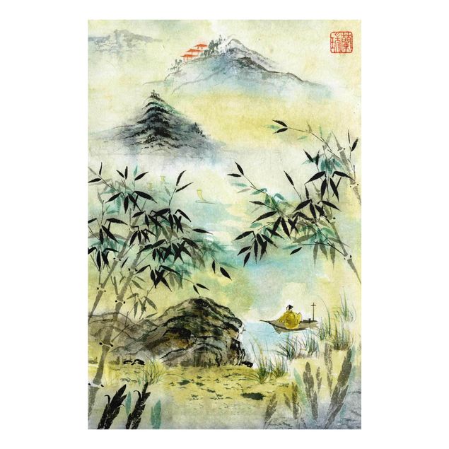 Glas Wandbilder Japanische Aquarell Zeichnung Bambuswald