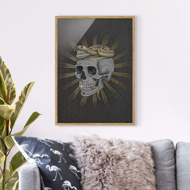 Moderne Bilder mit Rahmen Illustration Totenkopf und Schlange Schwarz Gold
