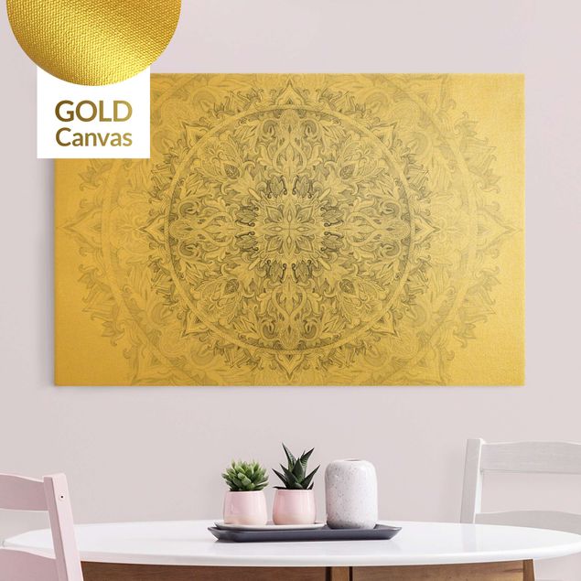 Leinwandbild Gold - Mandala Aquarell Ornament Muster schwarz weiß - Querformat 2:3