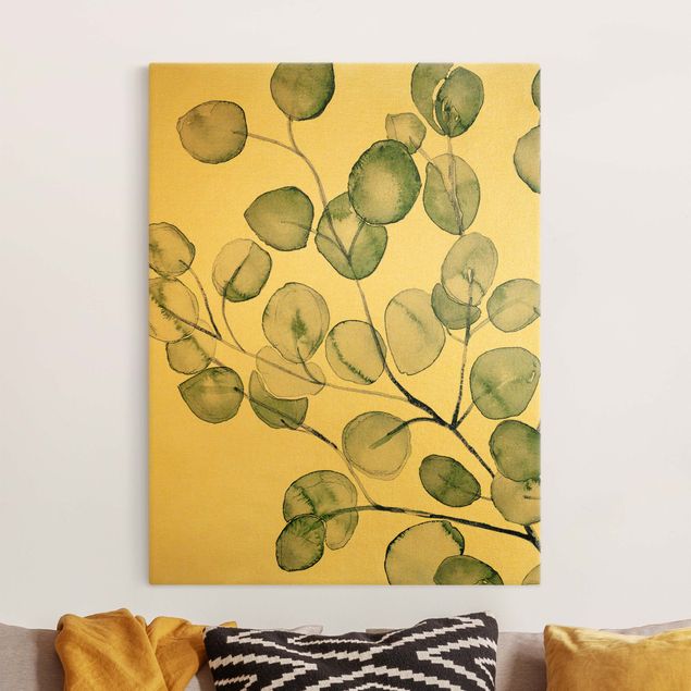 Leinwandbild Gold - Grünes Aquarell Eukalyptuszweig - Hochformat 3:4