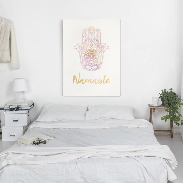Leinwandbilder Hamsa Hand Illustration Namaste gold rosa