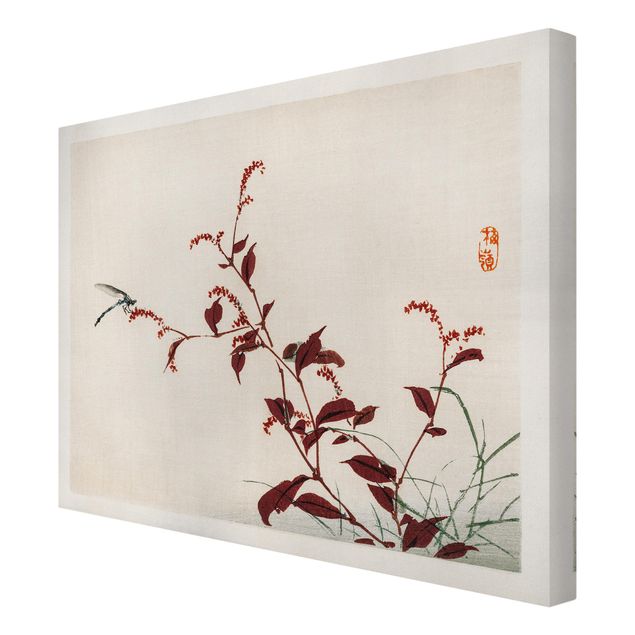 Leinwandbild - Asiatische Vintage Zeichnung Roter Zweig mit Libelle - Querformat 3:4